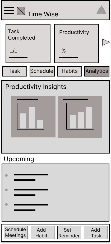 Paper wireframe sketch of TimeWise dashboard